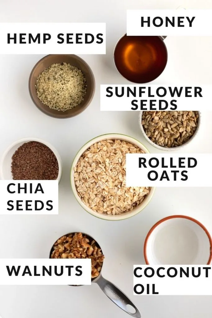 Ingredients labeled for honey granola recipe