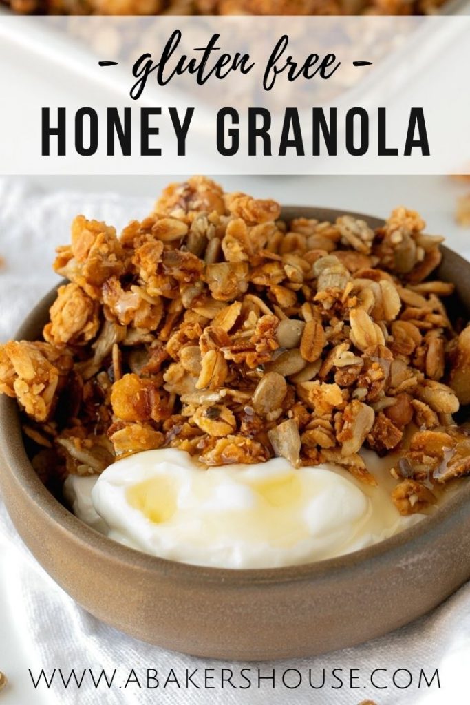 close up of granola with yogurt in brown pottery bowl