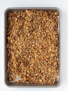 baking tray with baked honey granola homemade