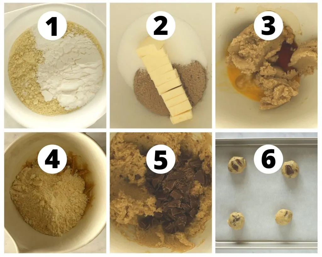 six images demonstrating step by step instructions to make almond flour cookies
