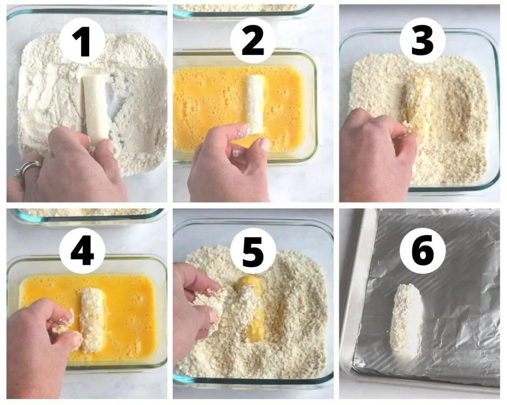six photos showing step by step guide to how to bread fried food