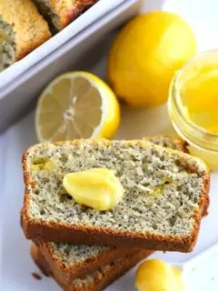slices of lemon poppy seed bread with dollop of lemon curd
