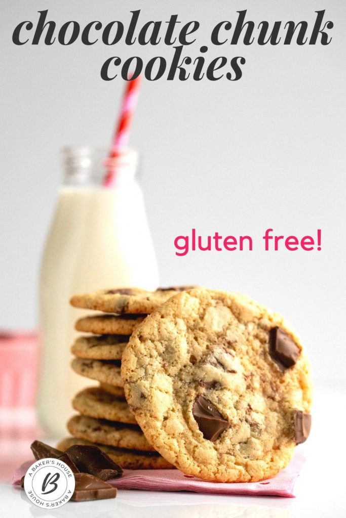 chocolate chunk cookies with glass of milk with red and pink straw