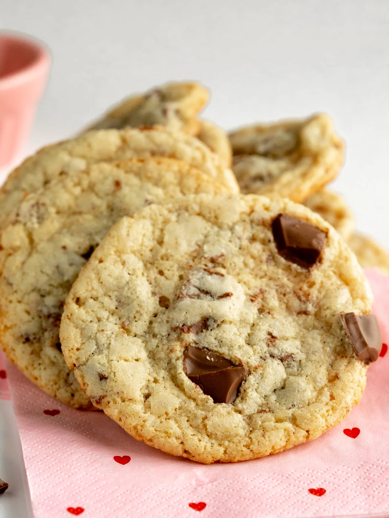 close up almond flour chocolate chip cookies with chocolate chunks