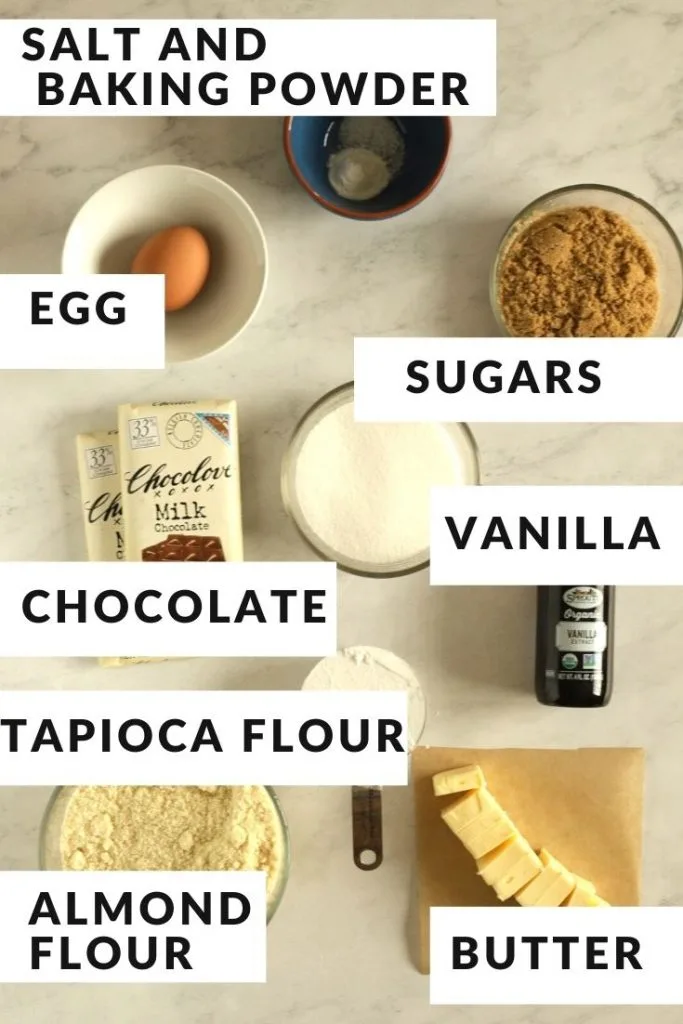 ingredients labeled with text for almond flour chocolate chip cookies