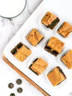 overhead look at cut pieces of peanut butter chocolate fudge