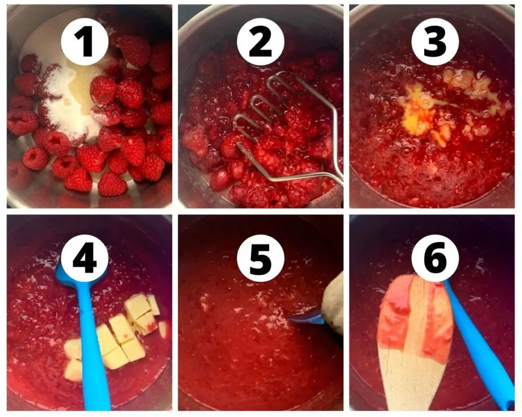 photo steps to show how to make raspberry curd on the stove top