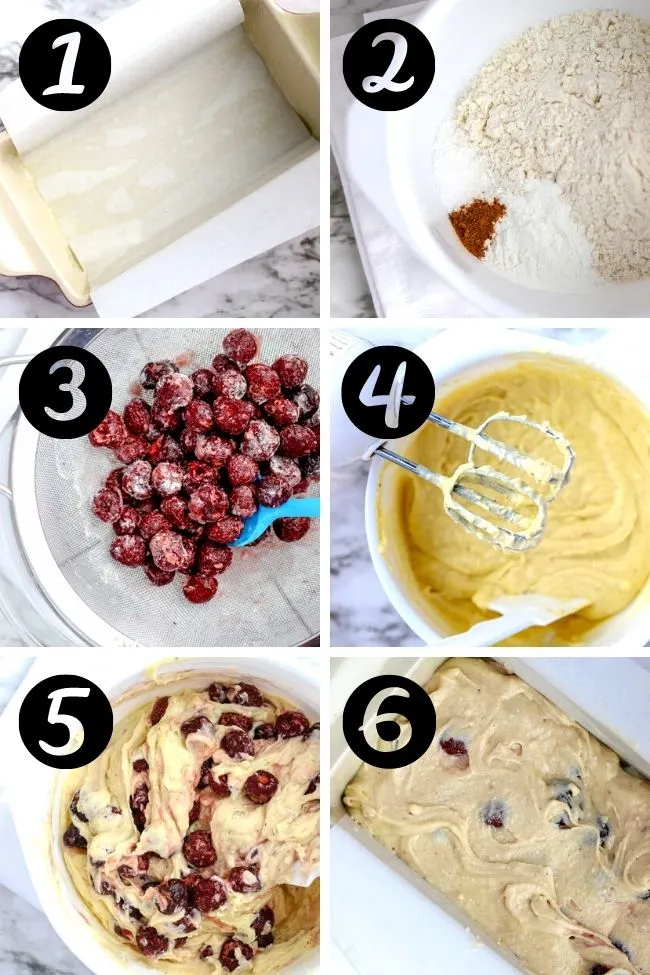 six steps in photos to make bread with cherries folded in and baked