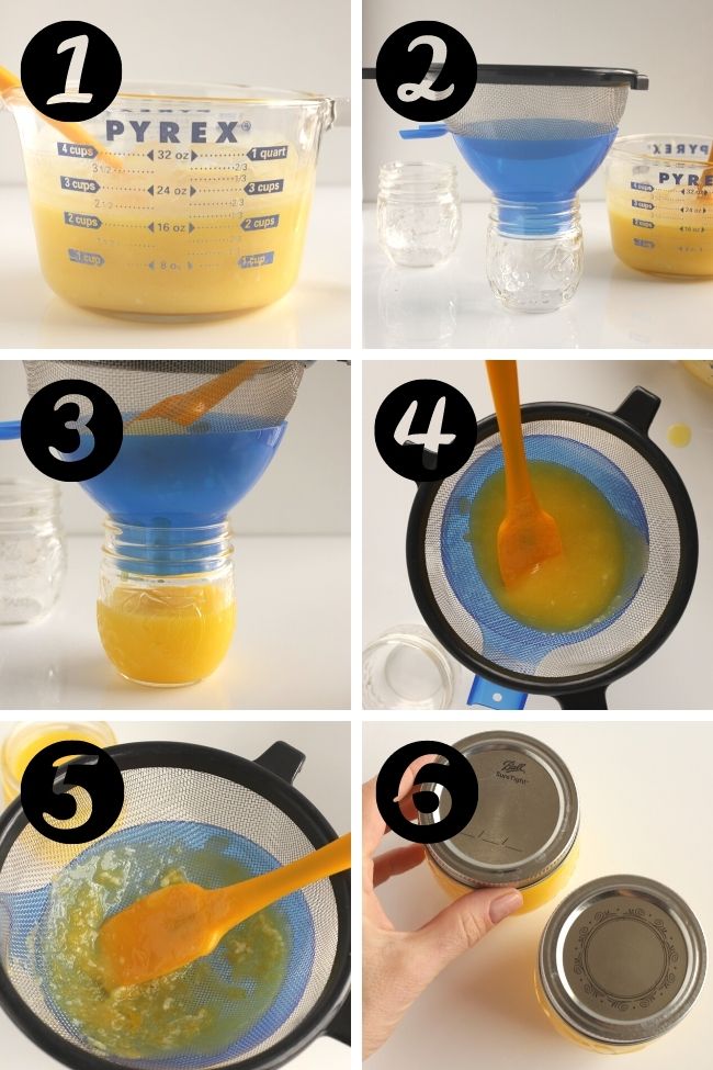 six photos showing steps to strain lemon curd through sieve