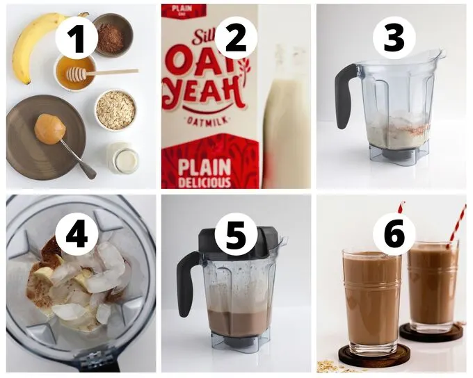 six photos showing steps of how to make a chocolate peanut butter smoothie
