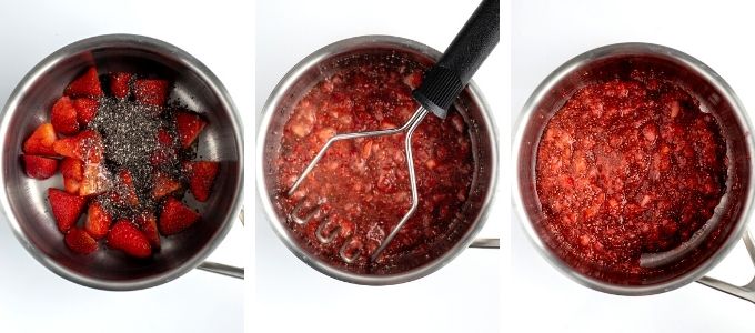 three photos showing steps to make strawberry chia jam on stovetop