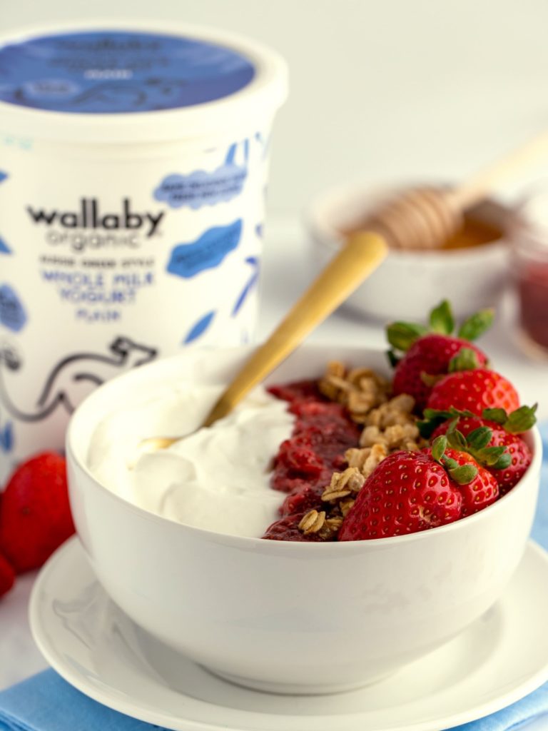 Wallaby organic plain whole milk yogurt with strawberries and granola