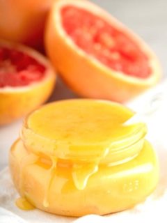 Overfilled jar of grapefruit curd size 3 by 4