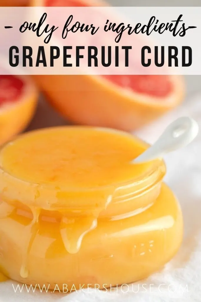 close up grapefruit curd in mason jar with text overlay
