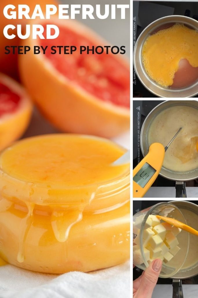 four photos showing steps to make grapefruit curd