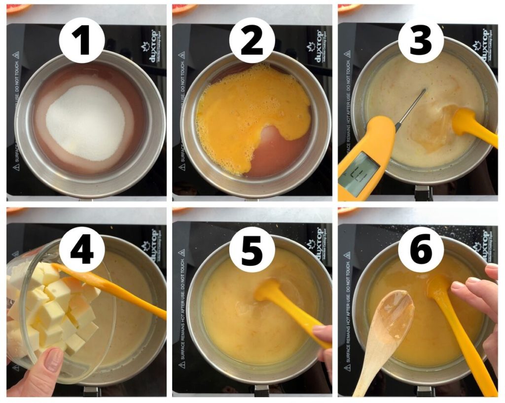 six photos showing steps to make grapefruit curd