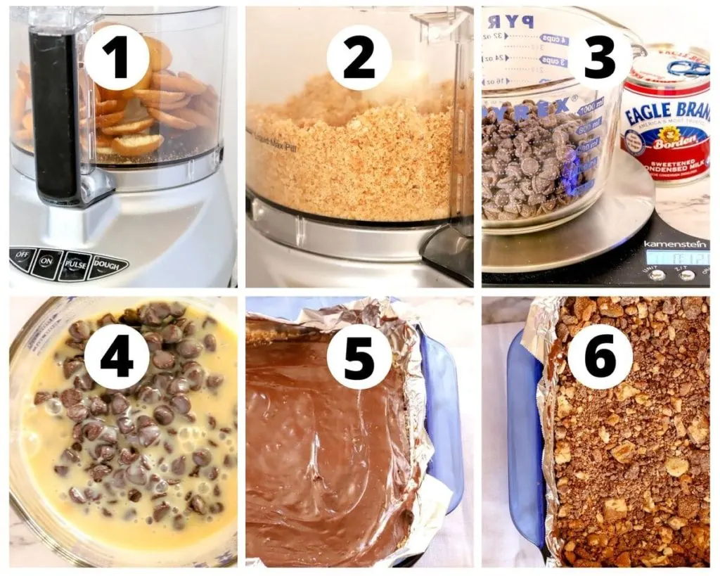 six photos showing steps to recipe for kit kat bars