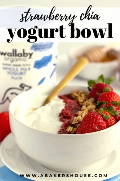 white bowl with yogurt, chia jam, and strawberries