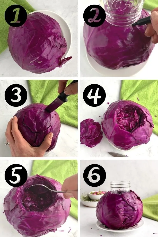 six photos showing steps to use a cabbage as flower centerpiece base with flowers