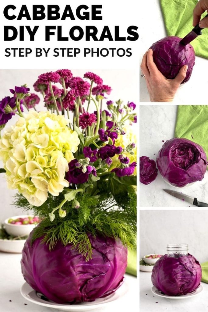 four images showing steps to make flower arrangement with cabbage base for Easter