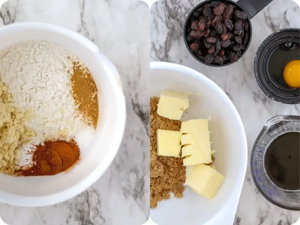 a pair of images side by side showing he dry ingredients in one bowl and the butter and sugars in another