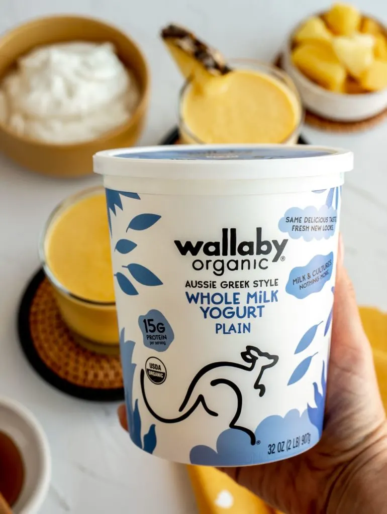 carton of Wallaby Organic Greek Yogurt with smoothie ingredients in background on table surface