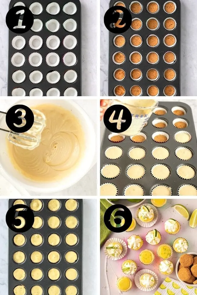 six photos showing steps to make lime cheesecakes
