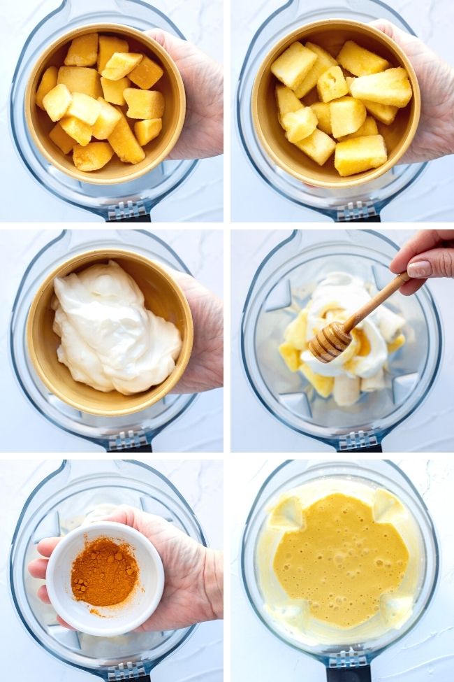 collage of six photos showing steps to make turmeric mango smoothie with pineapple