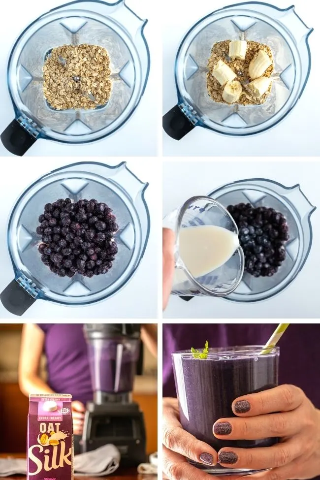 six photos showing steps to make blueberry oatmeal smoothie in blender