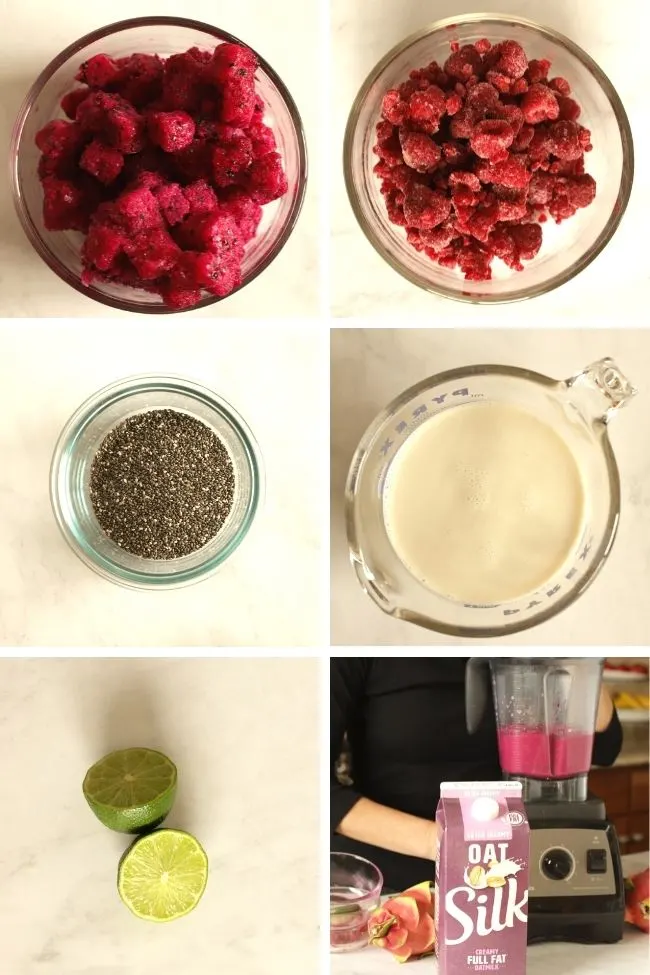 six photos showing steps to make dragon fruit smoothie