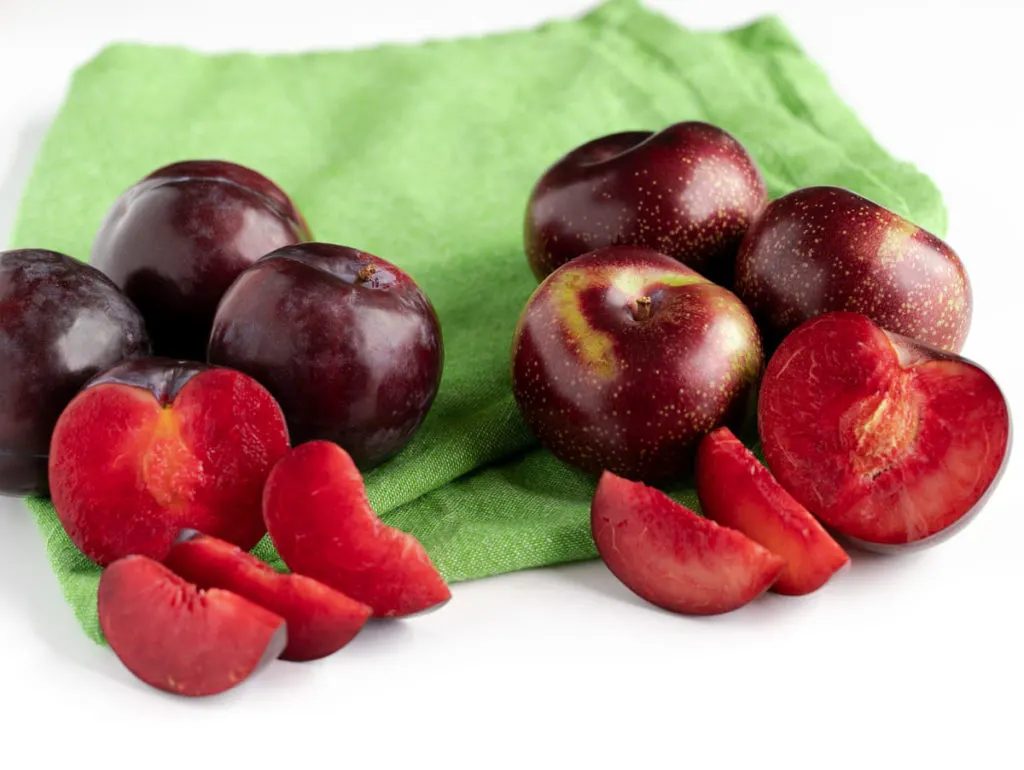 side by side comparison of fresh plums and Plumsicles on green napkin