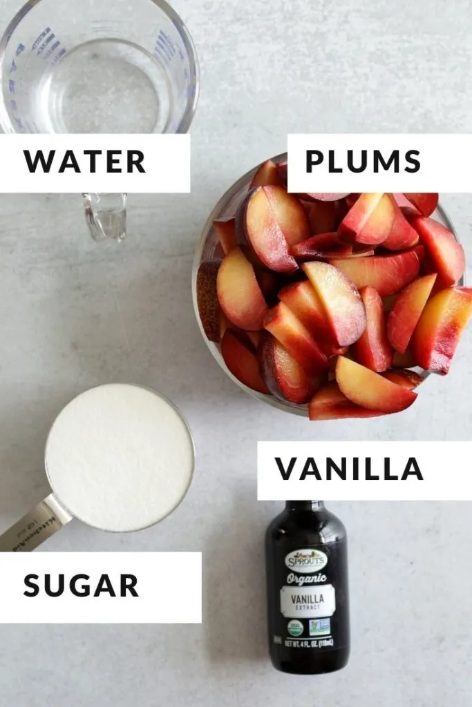 ingredients of plums, vanilla, sugar and water for plum butter recipe