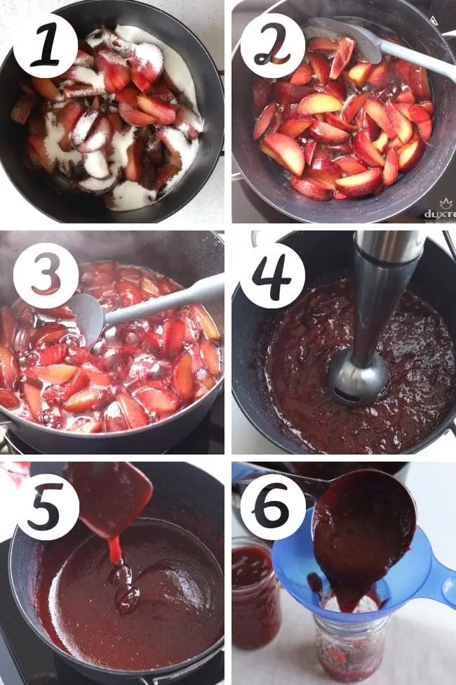 six labeled steps to make plum butter on the stovetop