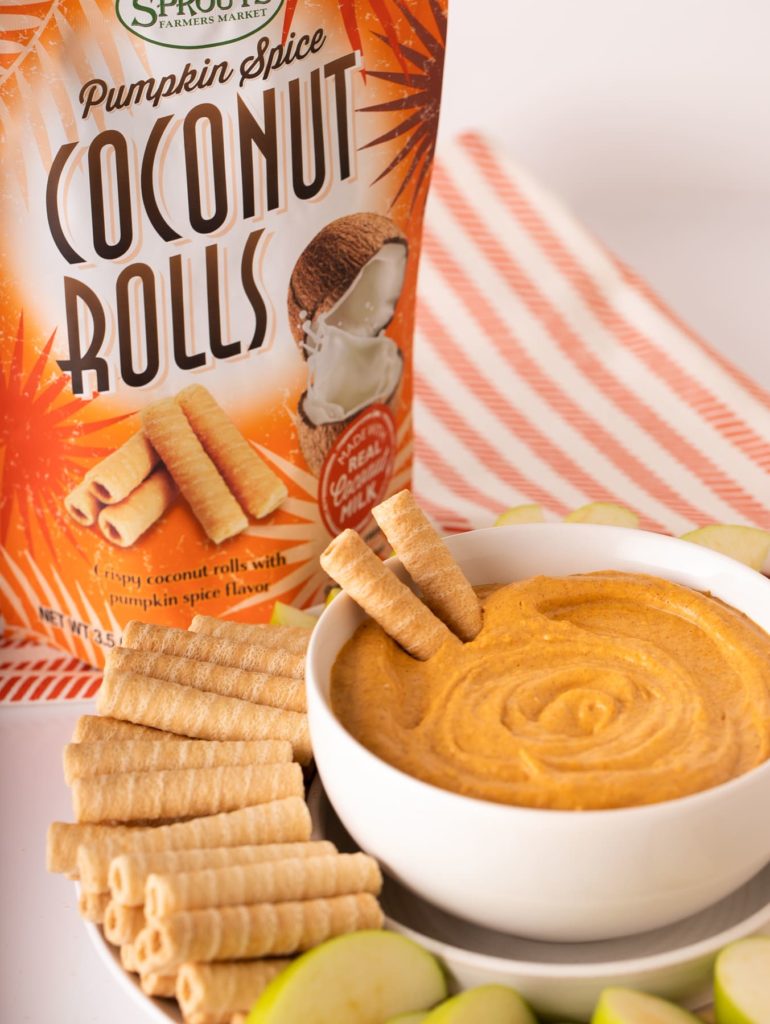 cream cheese pumpkin spice dip with coconut rolls