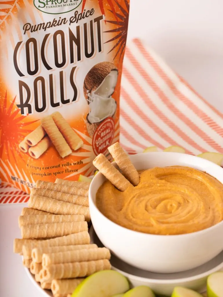 cream cheese pumpkin spice dip with coconut rolls