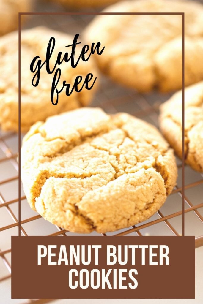 close up of gluten free peanut butter cookie on wire rack with text